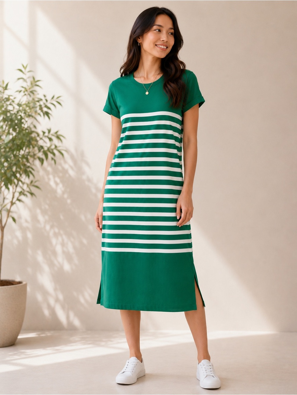 J. Crew 100% Cotton Green and White Striped Midi T-Shirt Dress XS